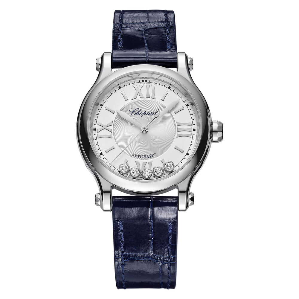 Chopard Happy Sport Silver Dial Diamonds Blue Leather Strap Watch