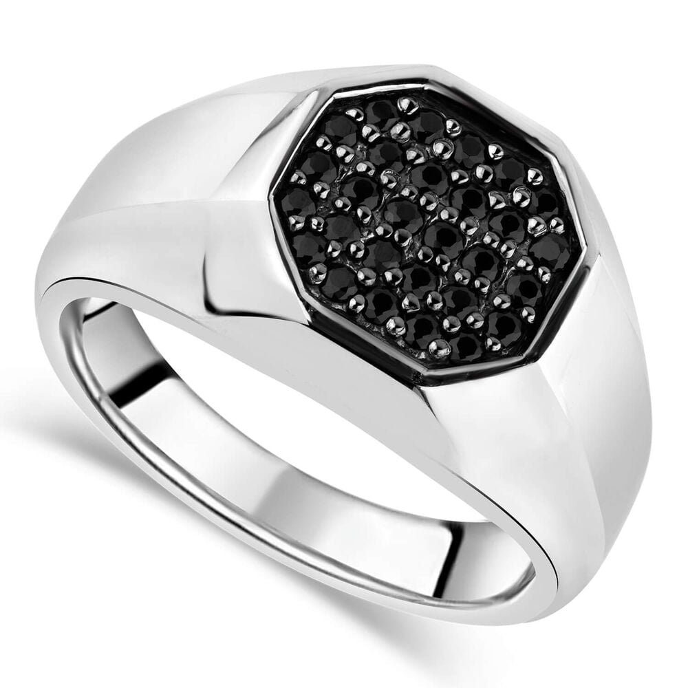Gents Silver Cubic Zirconia Black Hexagon Signet Ring