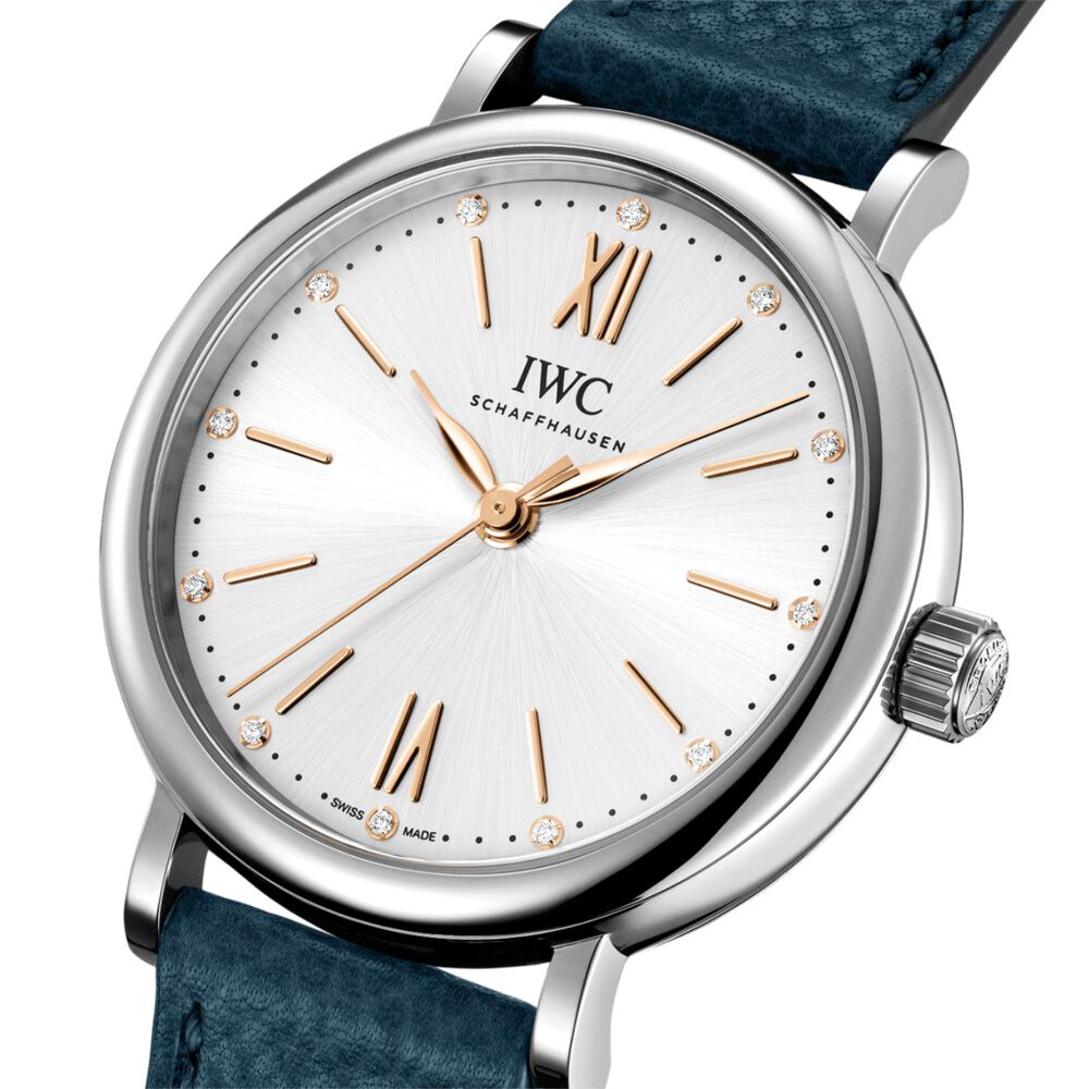 IWC Schaffhausen Portofino 34mm Silver Dial Diamond Dots Blue Leather Strap Watch image number 1