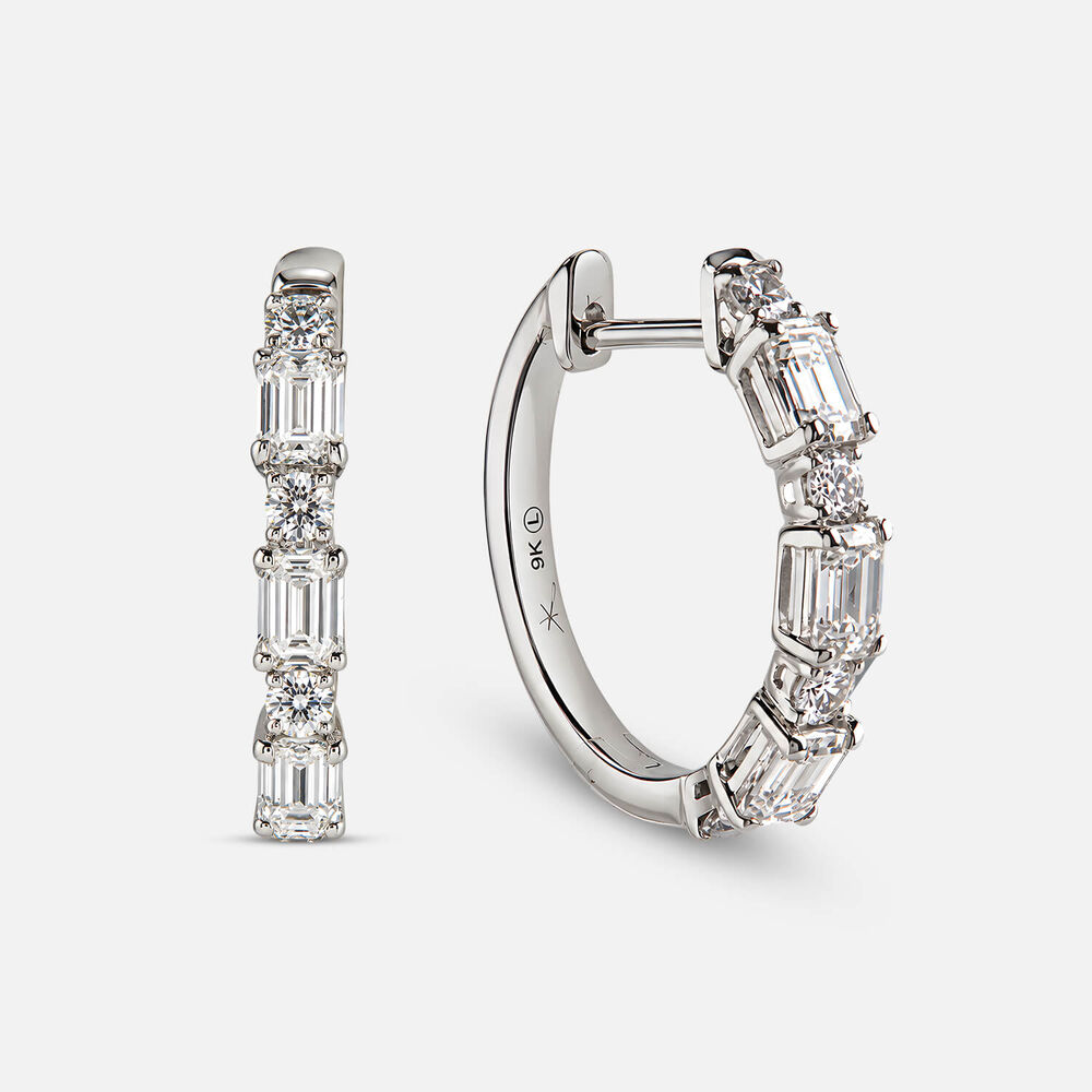 Born Contour 9ct White Gold 1.50ct Lab Grown Emerald & Round Diamond Huggie Earrings