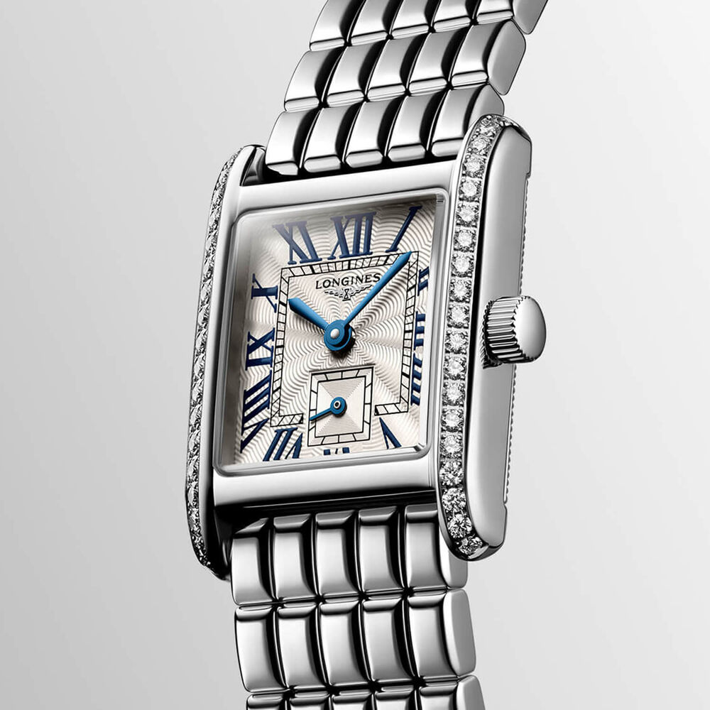 Longines MiniDolcevita 2023 29 X 21.50mm Silver "flinqu&eacute;" Blue Hands Dial Diamond Case Watch