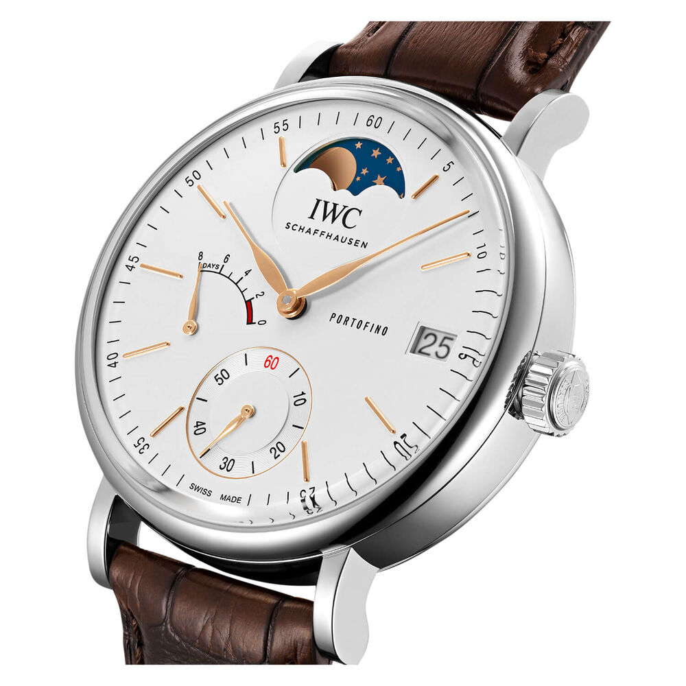 IWC Schaffhausen Portofino Hand-Wound Moon Phase Silver Dial Brown Strap Watch image number 1
