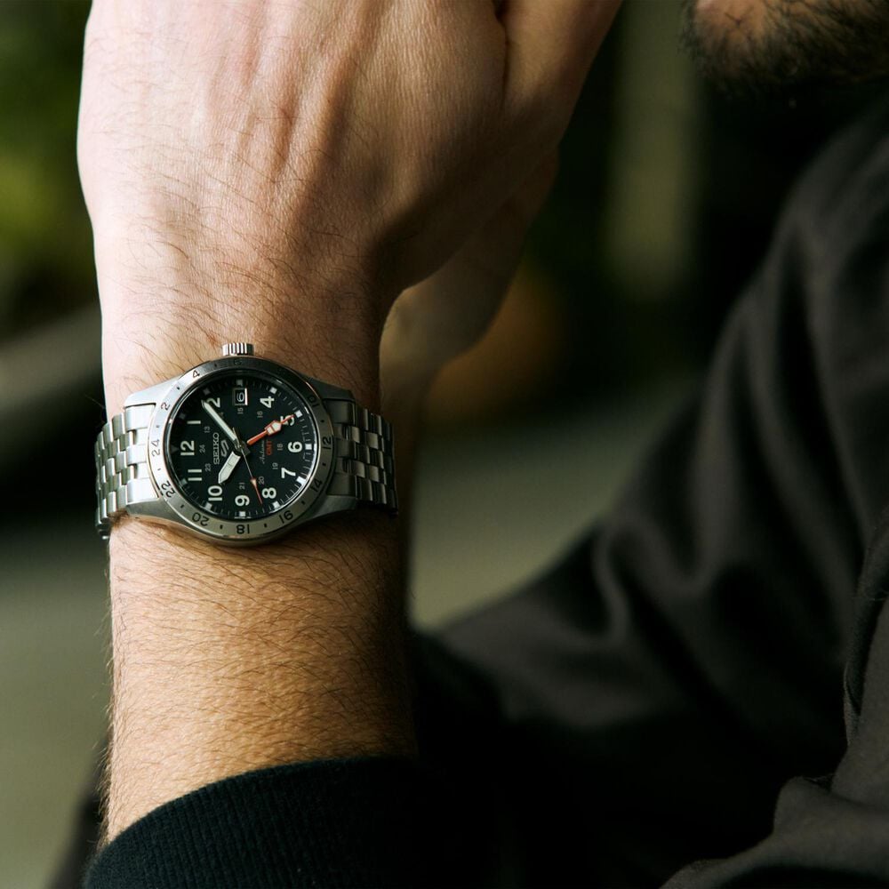 Seiko 5 Sports Field Camo Black 41mm Dial Stainless Steel Bracelet Watch
