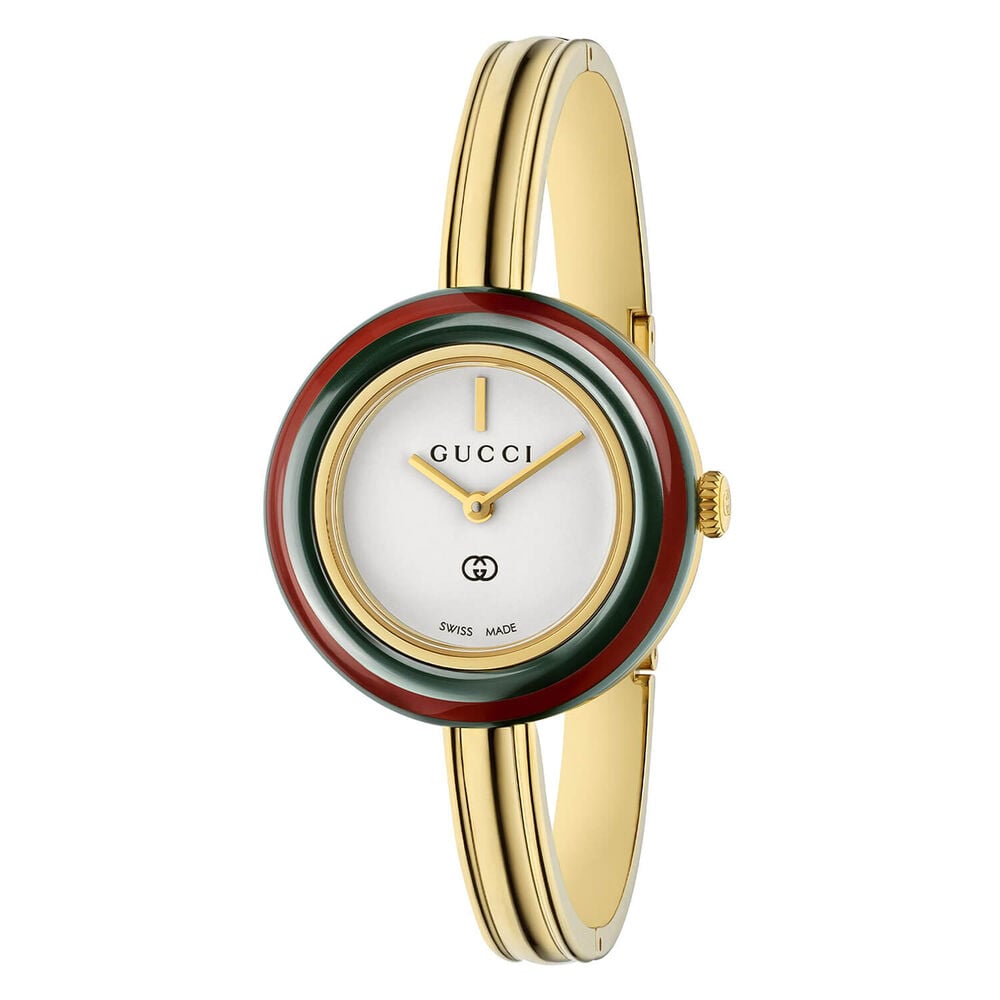 Gucci Play 28mm White Dial Interchangable Bezels Gold Tone Bangle Watch