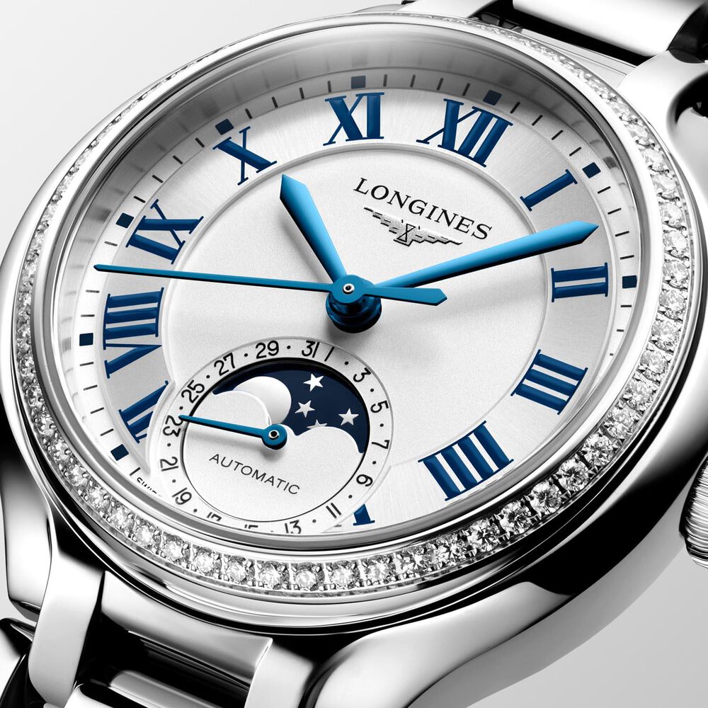 Longines Elegance Primaluna 34mm Moonphase Silver Dial Diamond Bezel Steel Bracelet Watch image number 1