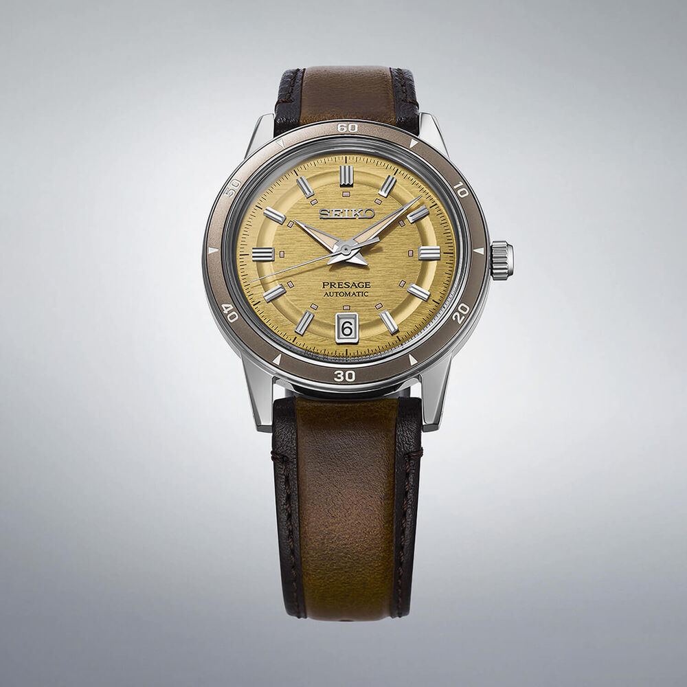 Seiko Presage Style 60s 'Golden Yellow' 39.5mm Dial Brown Leather Strap Watch image number 3