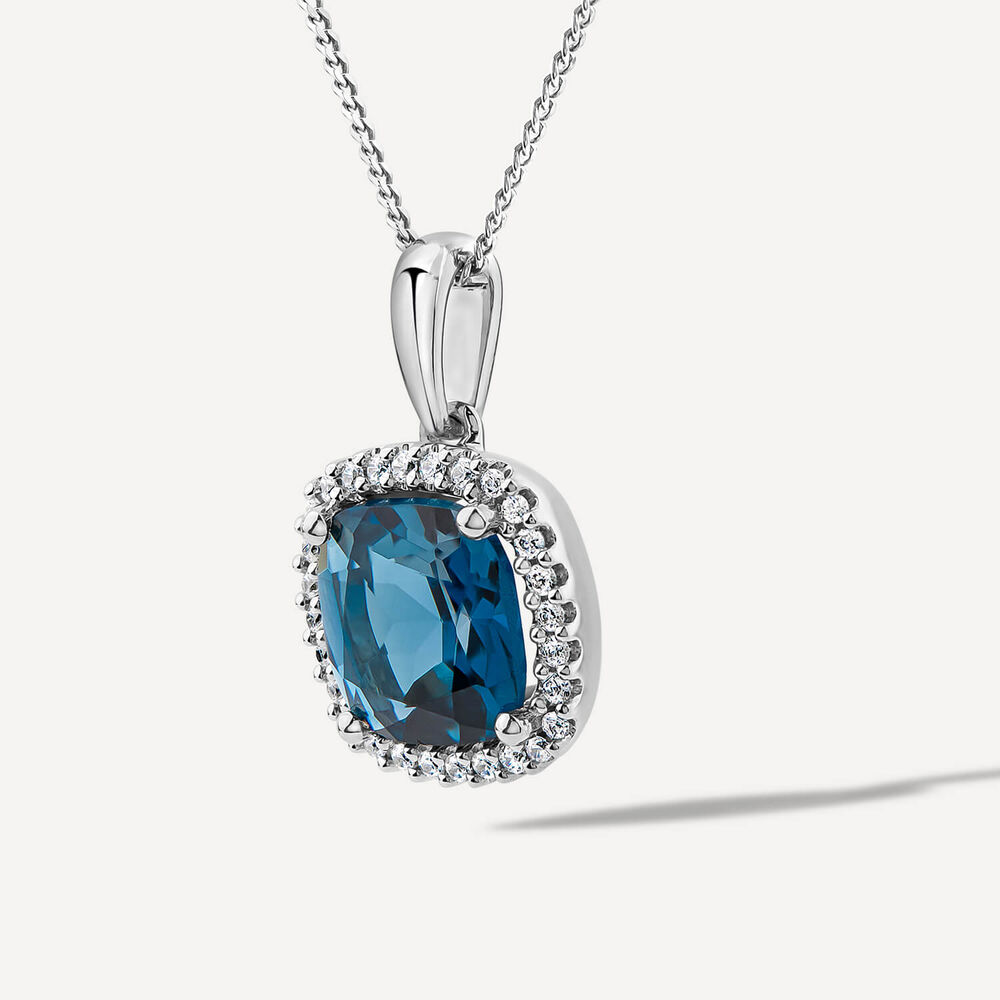 9ct White Gold Cushion London Blue Topaz & 0.10ct Diamond Pendant image number 1