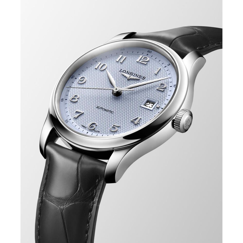 Longines Master Collection 39mm Light Blue Barleycorn Dial Anthracite Leather Strap Watch