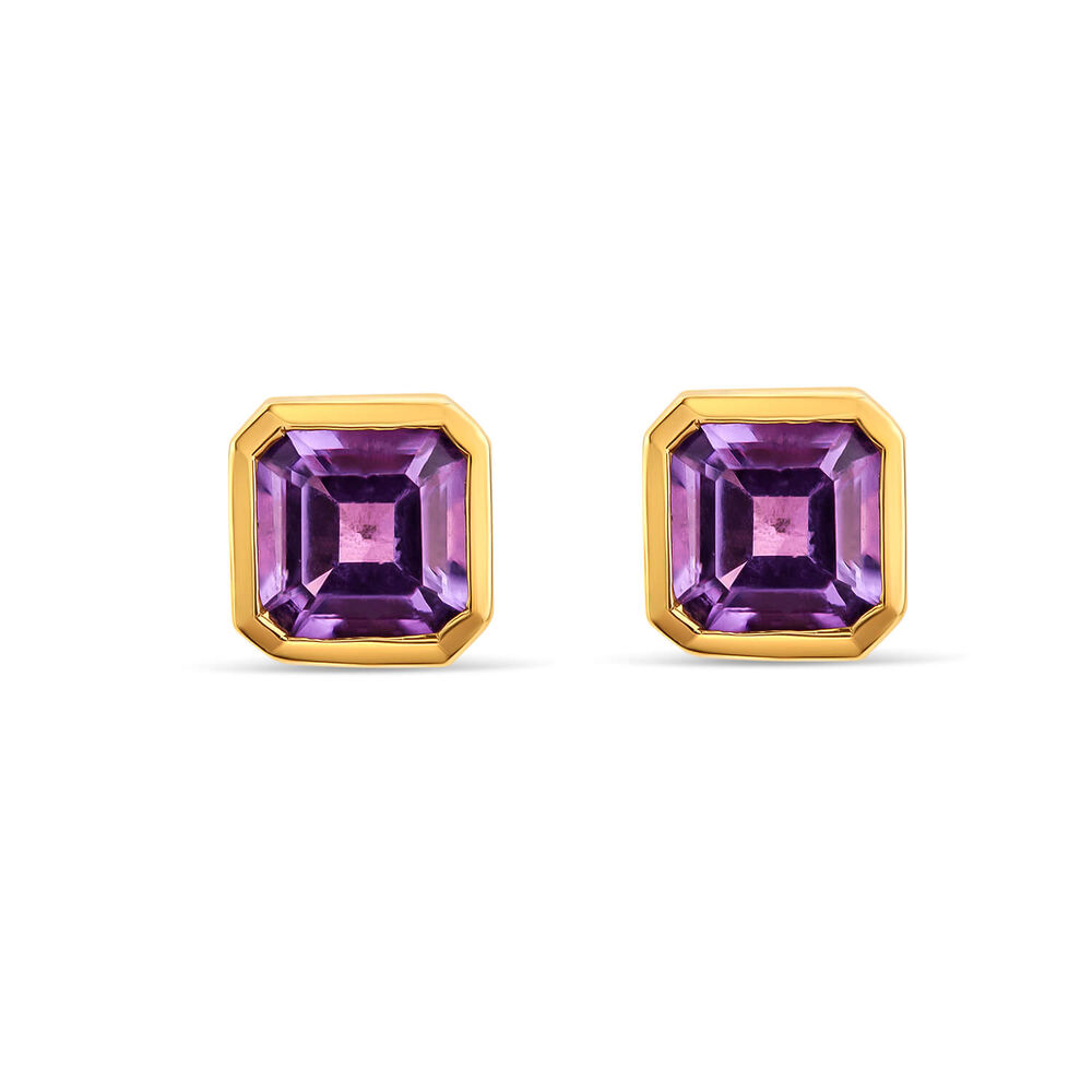 9ct Yellow Gold Cushion Amethyst Stud Earrings image number 0