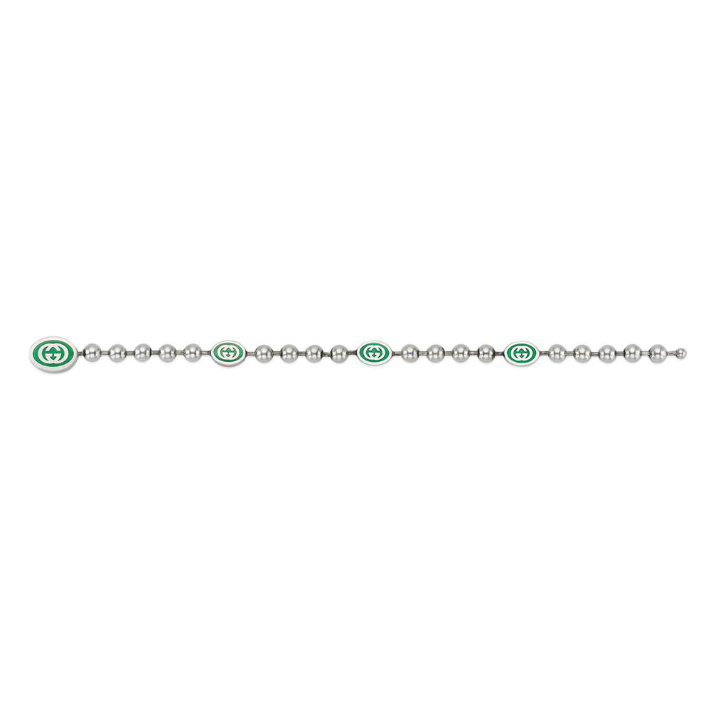 Gucci Interlocking G Sterling Silver Green Enamel Bracelet (Size: L)