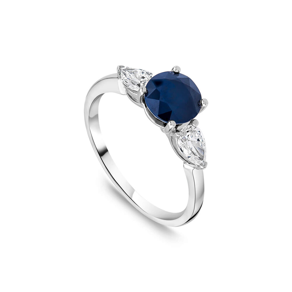 18ct White Gold Round Sapphire & 0.56ct Pear Diamond Sides Ring image number 0