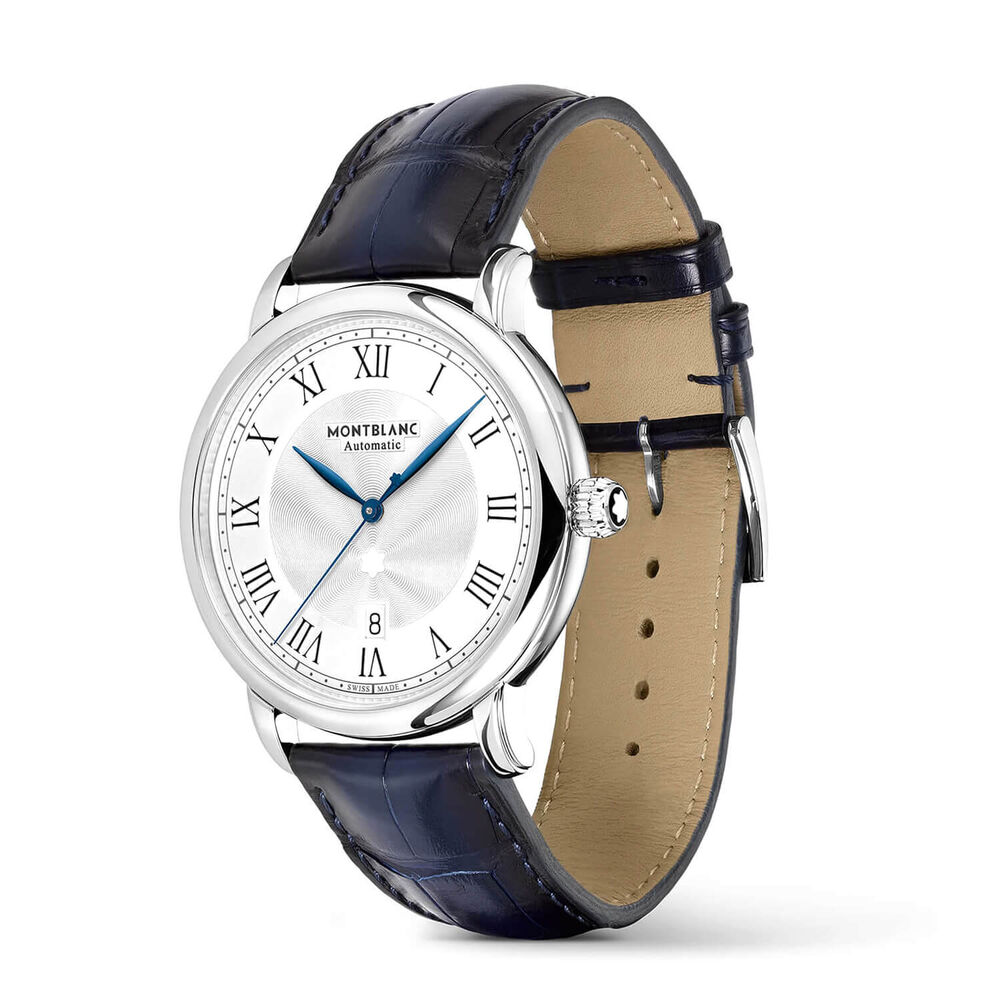 Montblanc Star Legacy 42mm Silver Dial Steel Case Blue Leather Strap Watch image number 1