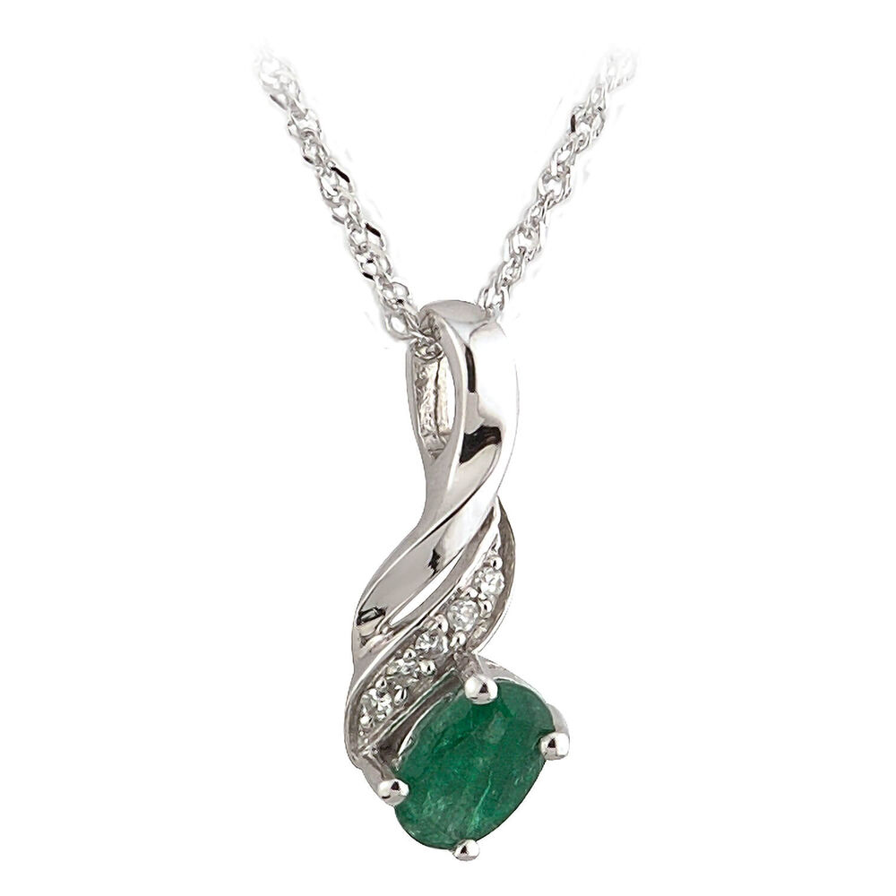 9ct white gold oval emerald and diamond-set pendant image number 0