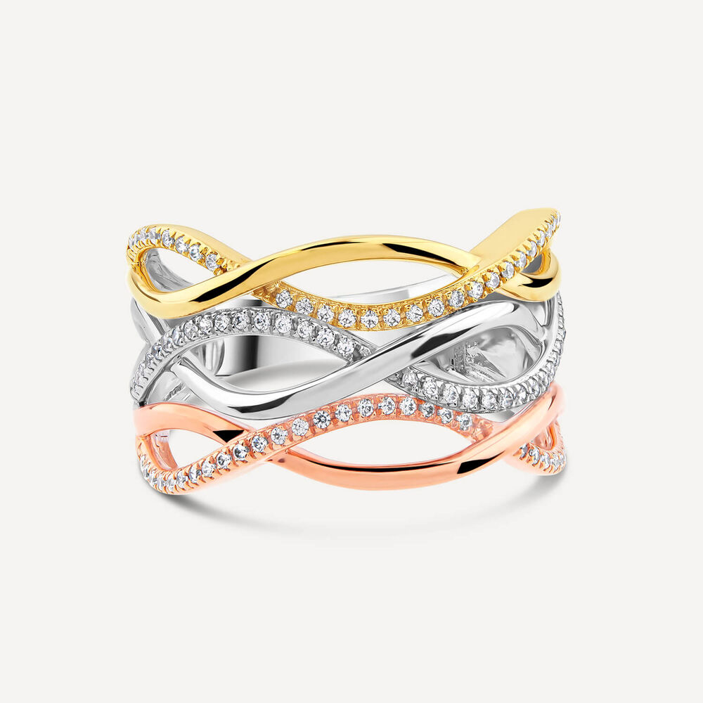 9ct Three Colour Gold 0.25ct Diamond Open Plaited Ring image number 2