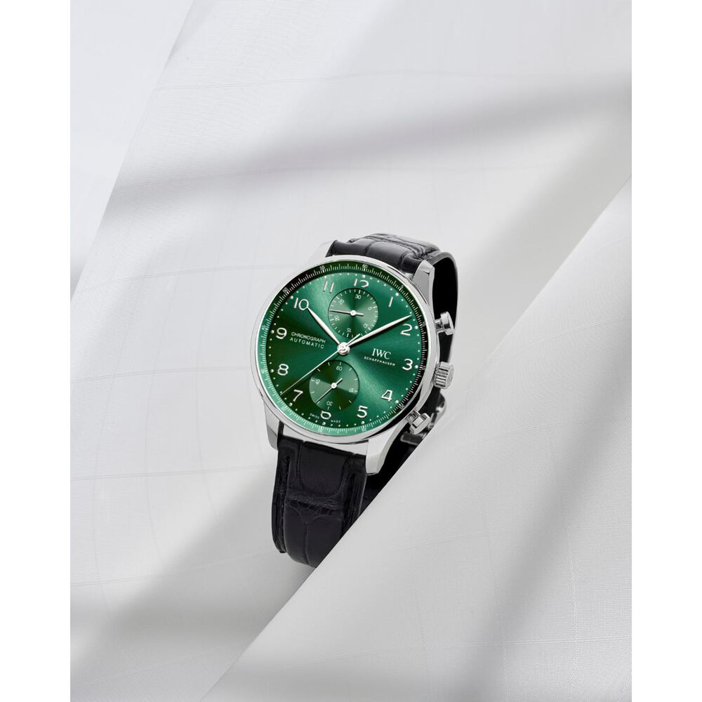 IWC Schaffhausen Portugieser Chronograph Green Dial Black Strap Watch image number 3