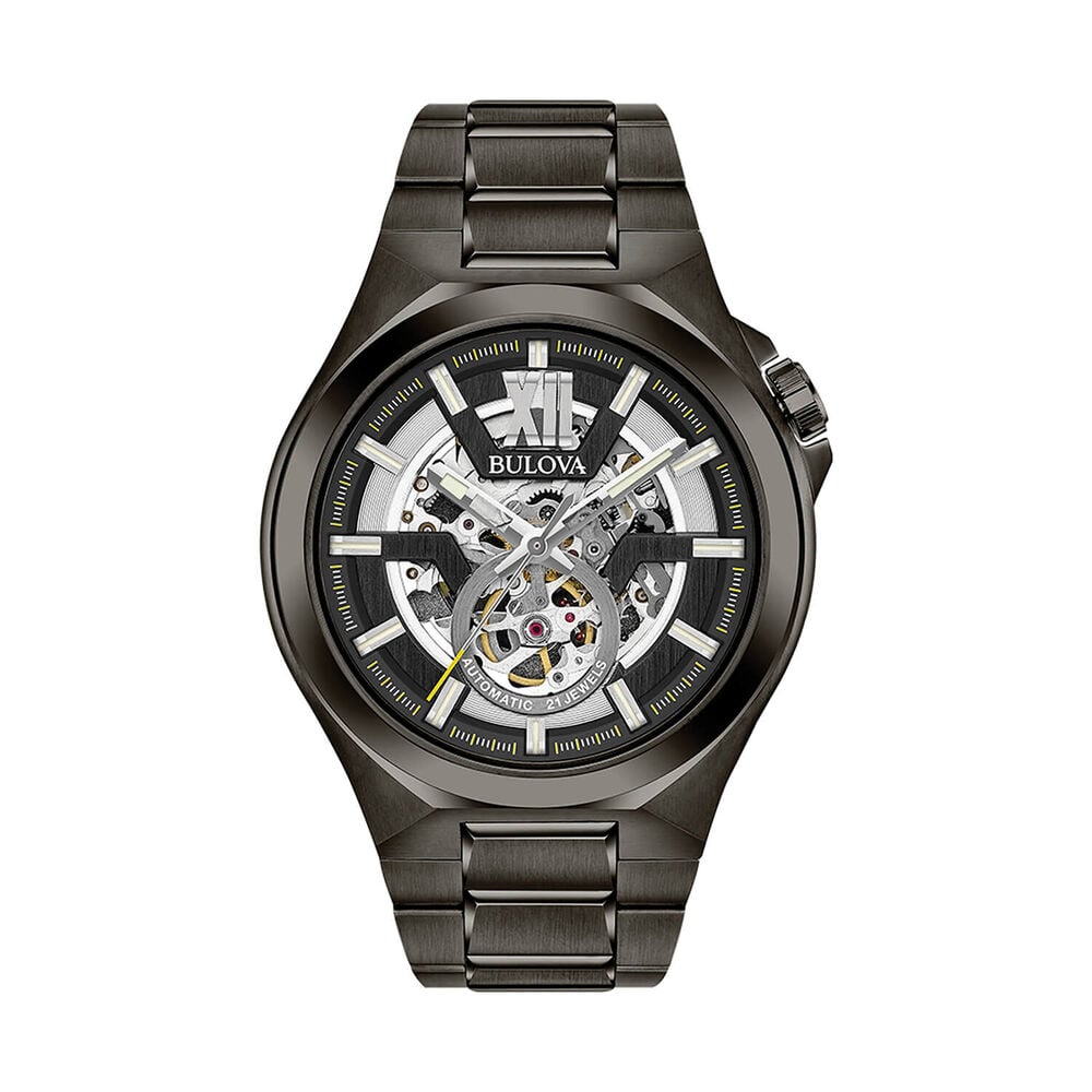 Bulova Maquina Skeleton 46mm Black Dial Ion Plated Steel Bracelet Watch image number 0