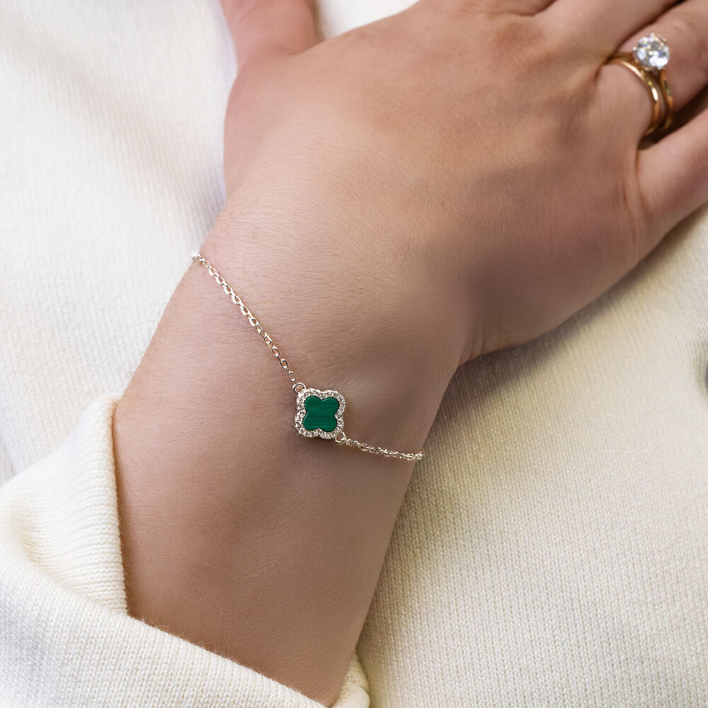 Sterling Silver Malachite & Cubic Zirconia Clover Petal Bracelet