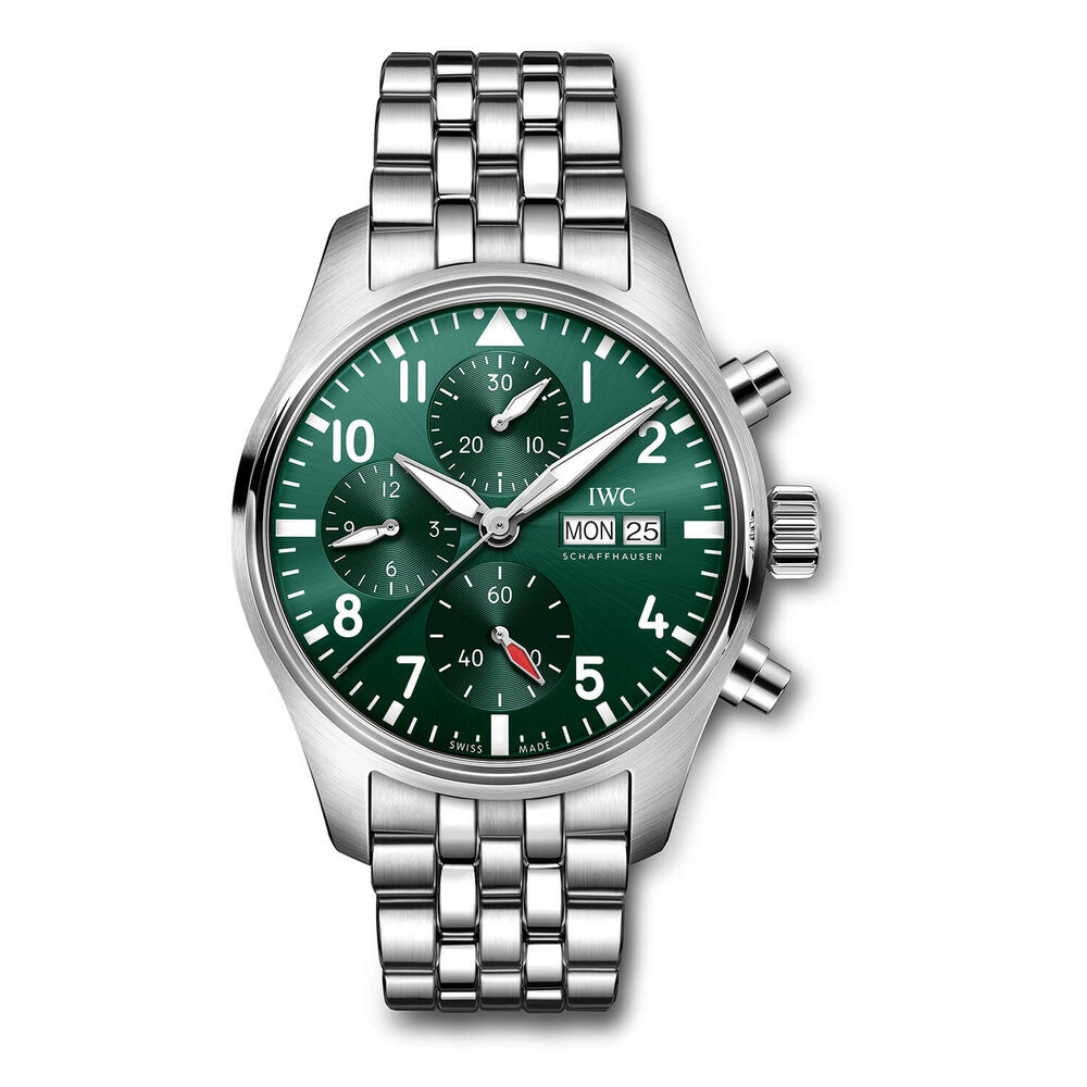 IWC Schaffhausen Pilot's Chronograph 41 Green Dial Steel Case Bracelet Watch image number 0