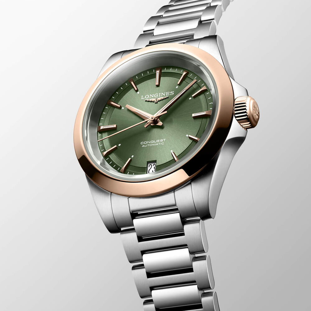 Longines Conquest 34mm Green Dial Pink Gold Case Steel Bracelet Watch image number 1