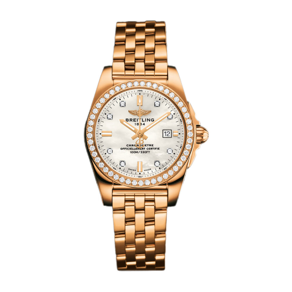 Pre-Owned Breitling Galactic 29mm MOP Dial Diamond Bezel Rose Gold Steel Bracelet Watch