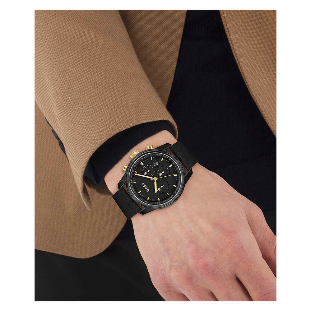 BOSS Trace 44mm Black Dial Black Leather Strap Watch image number 3