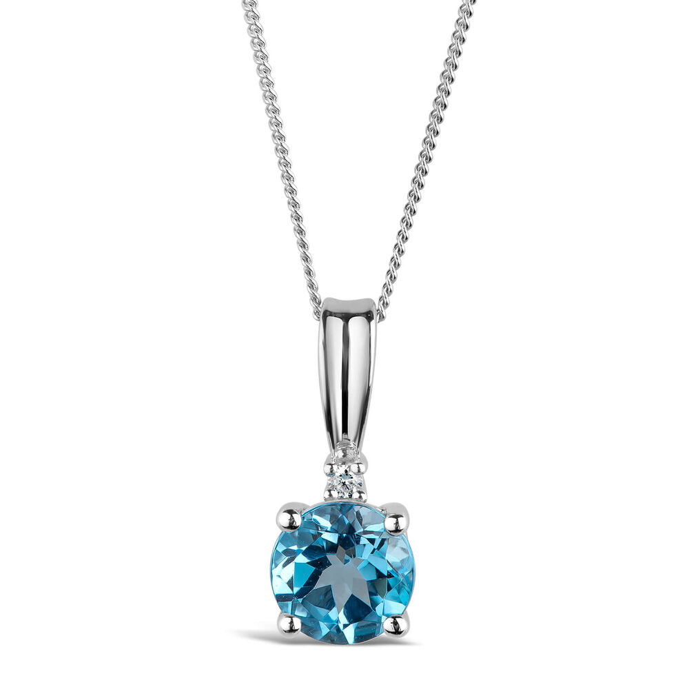 9ct White Gold Diamond and Blue Topaz Round Pendant