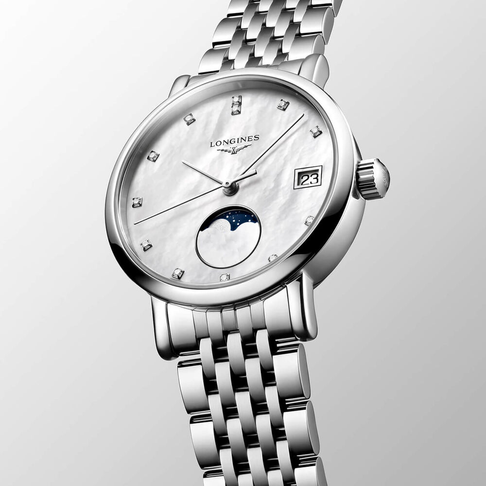 Longines Elegant 30mm MOP Dial Moonphase Diamond Dots Steel Bracelet Watch image number 1