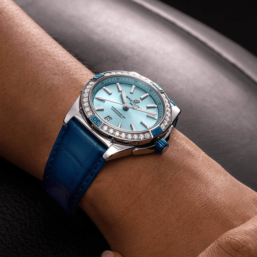 Breitling Super Chronomat Automatic 38 Blue Dial Leather Strap Watch image number 4