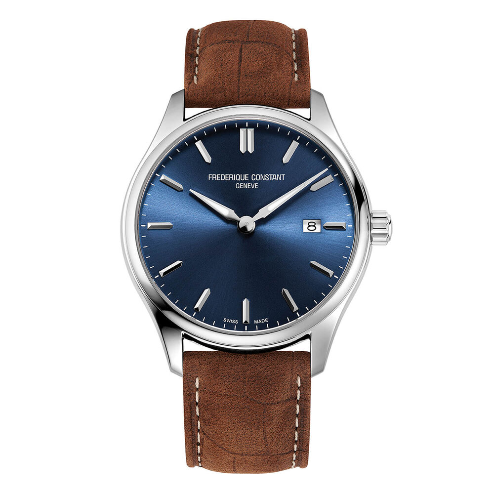 Frederique Constant Gentlemen Classic 40mm Quartz Blue Dial Brown Leather Strap Watch