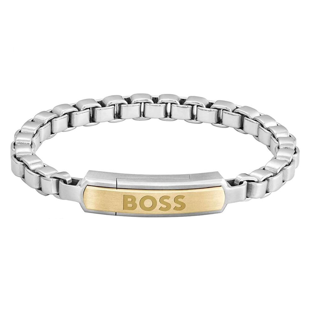 BOSS Devon Box Chain Yellow Gold Toned Logo Plate Bracelet image number 0