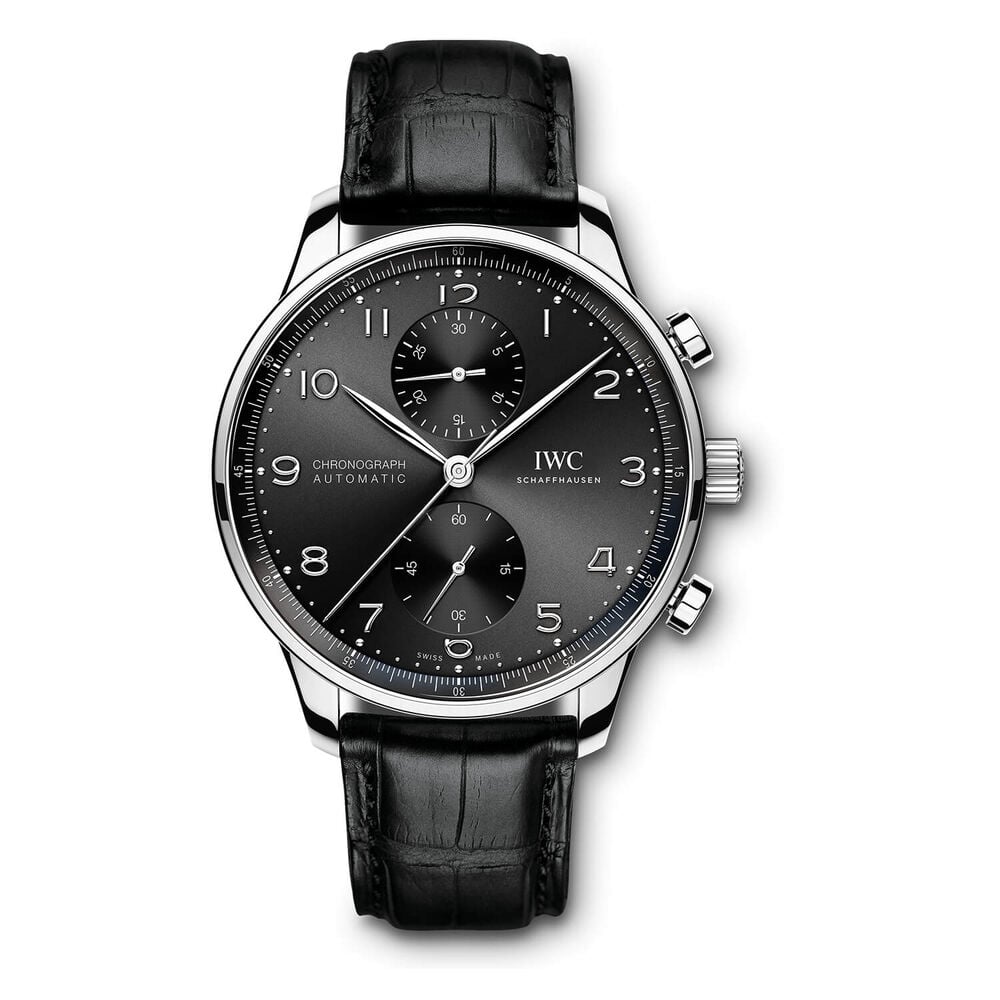 IWC Schaffhausen Portugieser Chronograph Black Dial Strap Watch