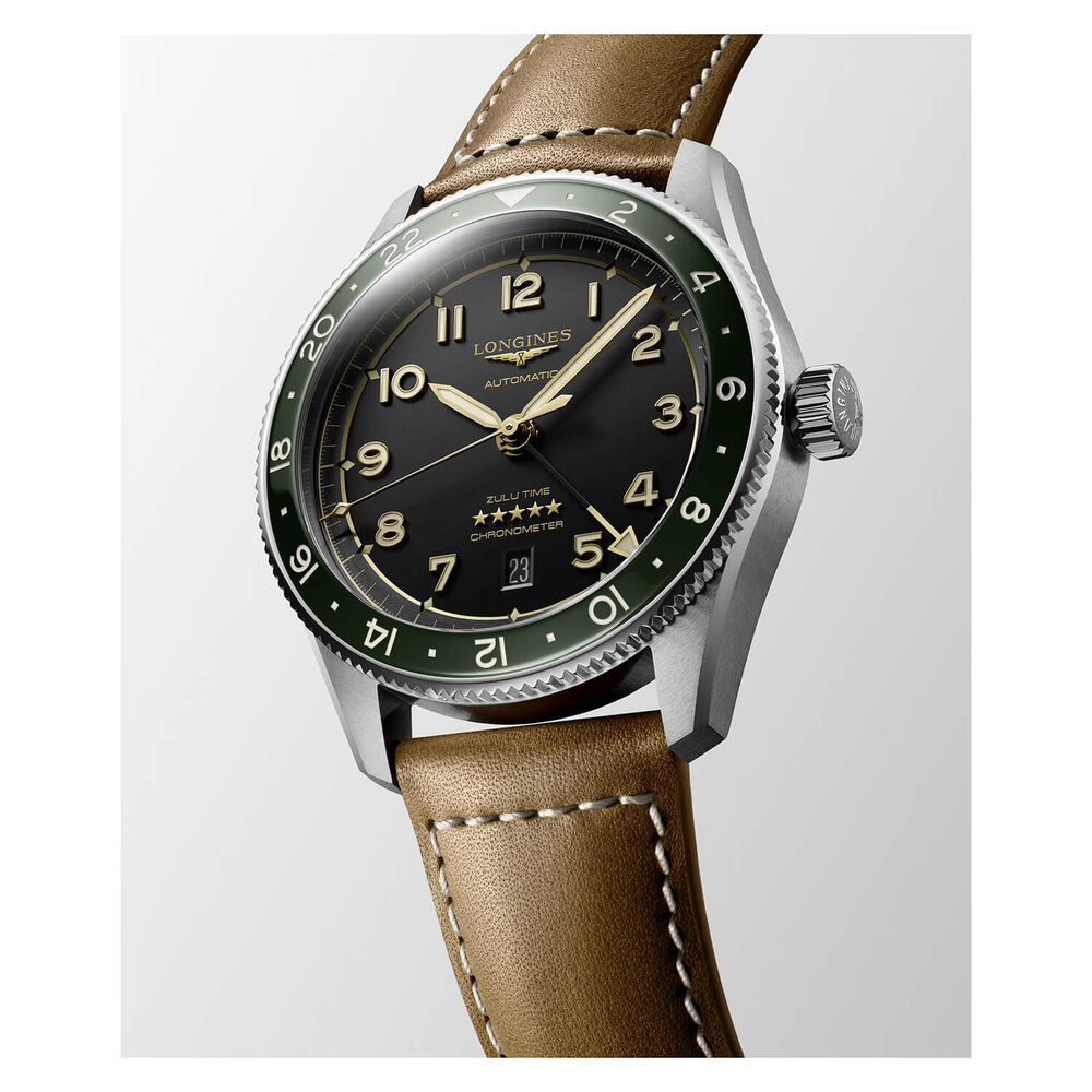 Longines Spirit Zulu 42mm Automatic Black Dial Green Bezel Brown Leather Strap Watch image number 2