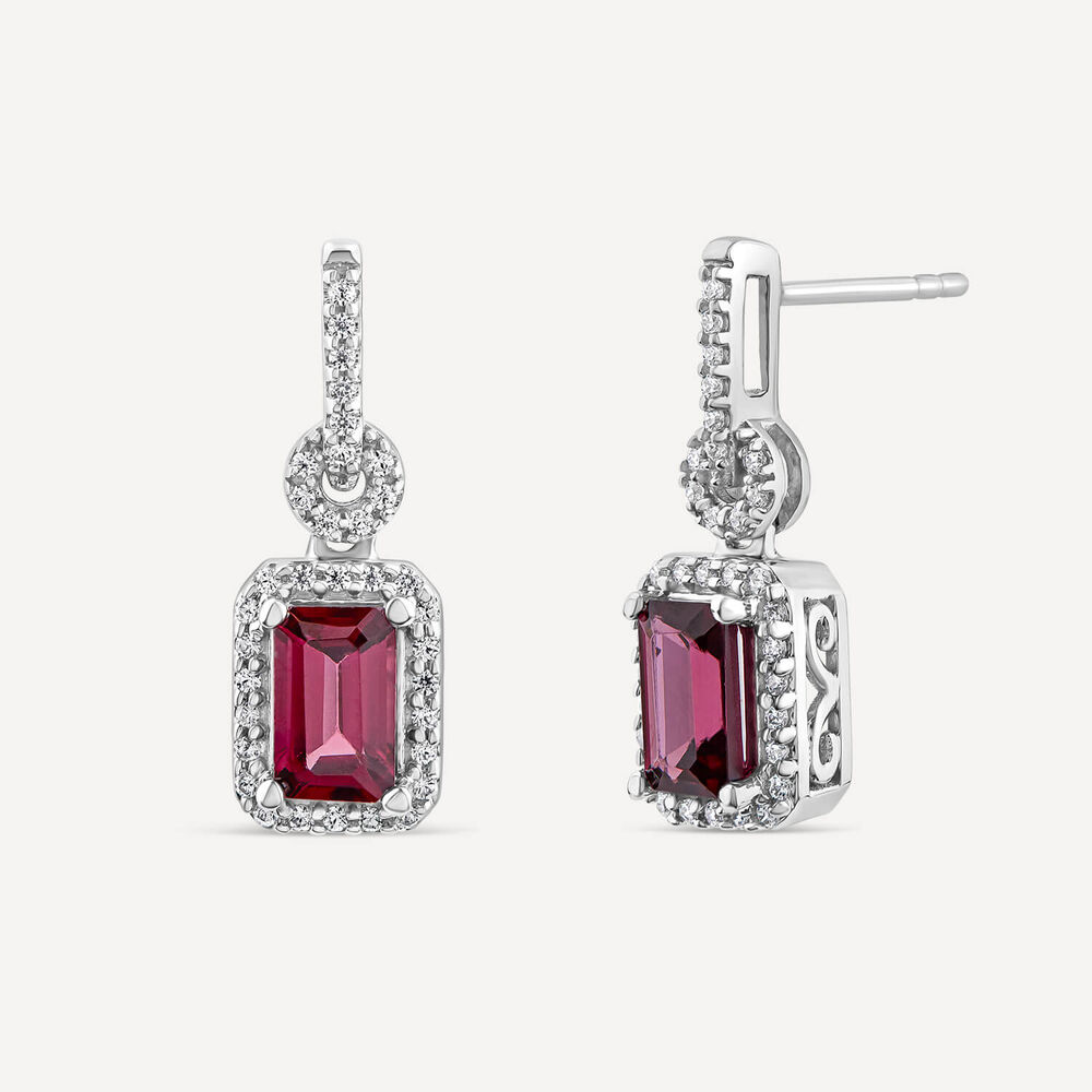 9ct White Gold Rectangular Rhodolite Garnet & 0.10ct Diamond Halo Drop Earrings image number 1