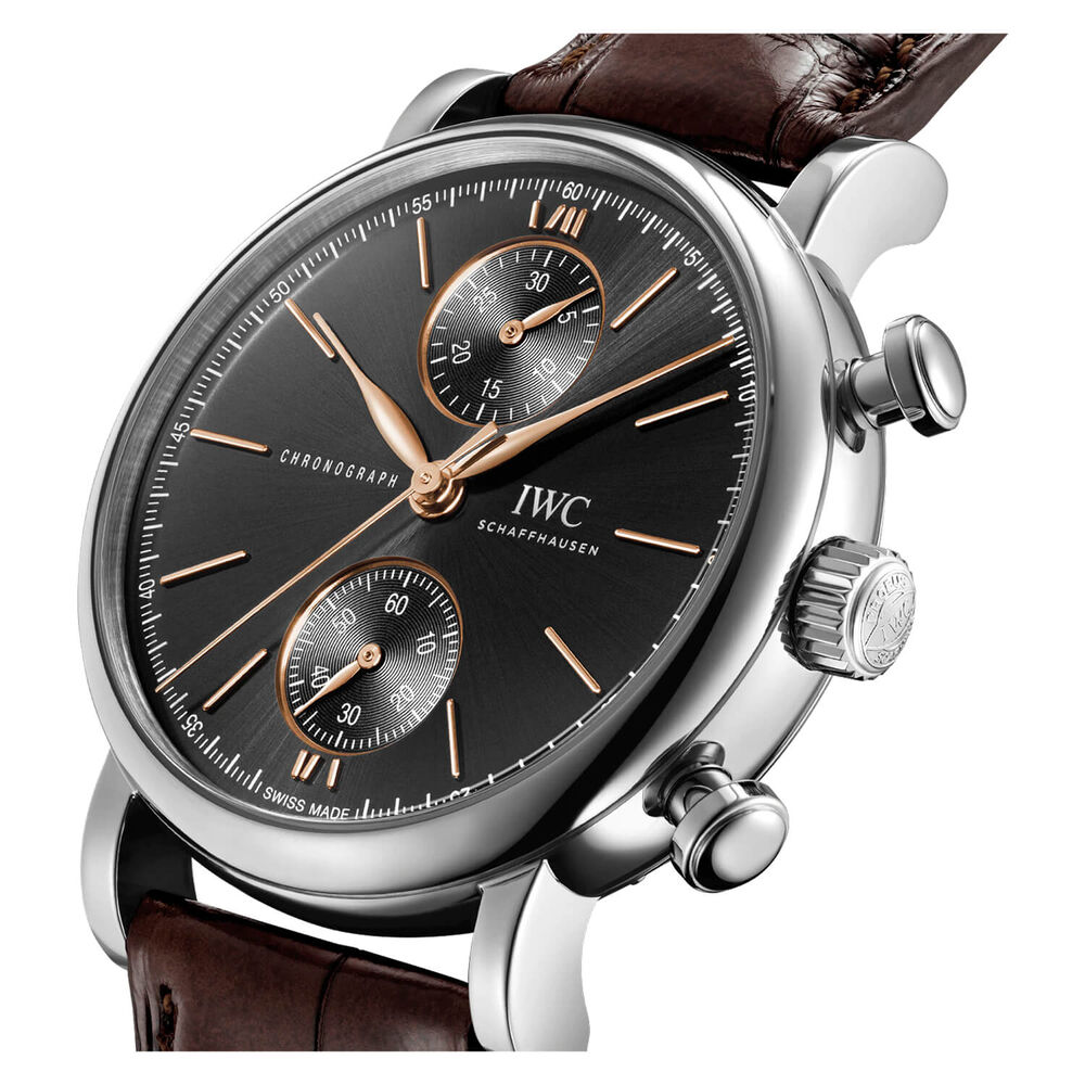 IWC Schaffhausen Portofino Chronograph 39 Black Dial Brown Strap Watch image number 2