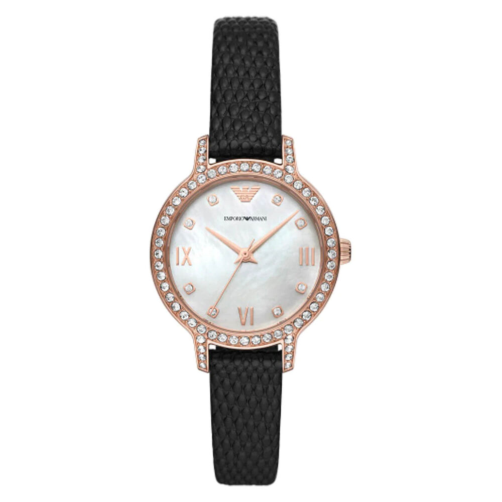 Emporio Armani Cleo 32mm Cubic Zirconia Rose Gold Case Black Leather Watch
