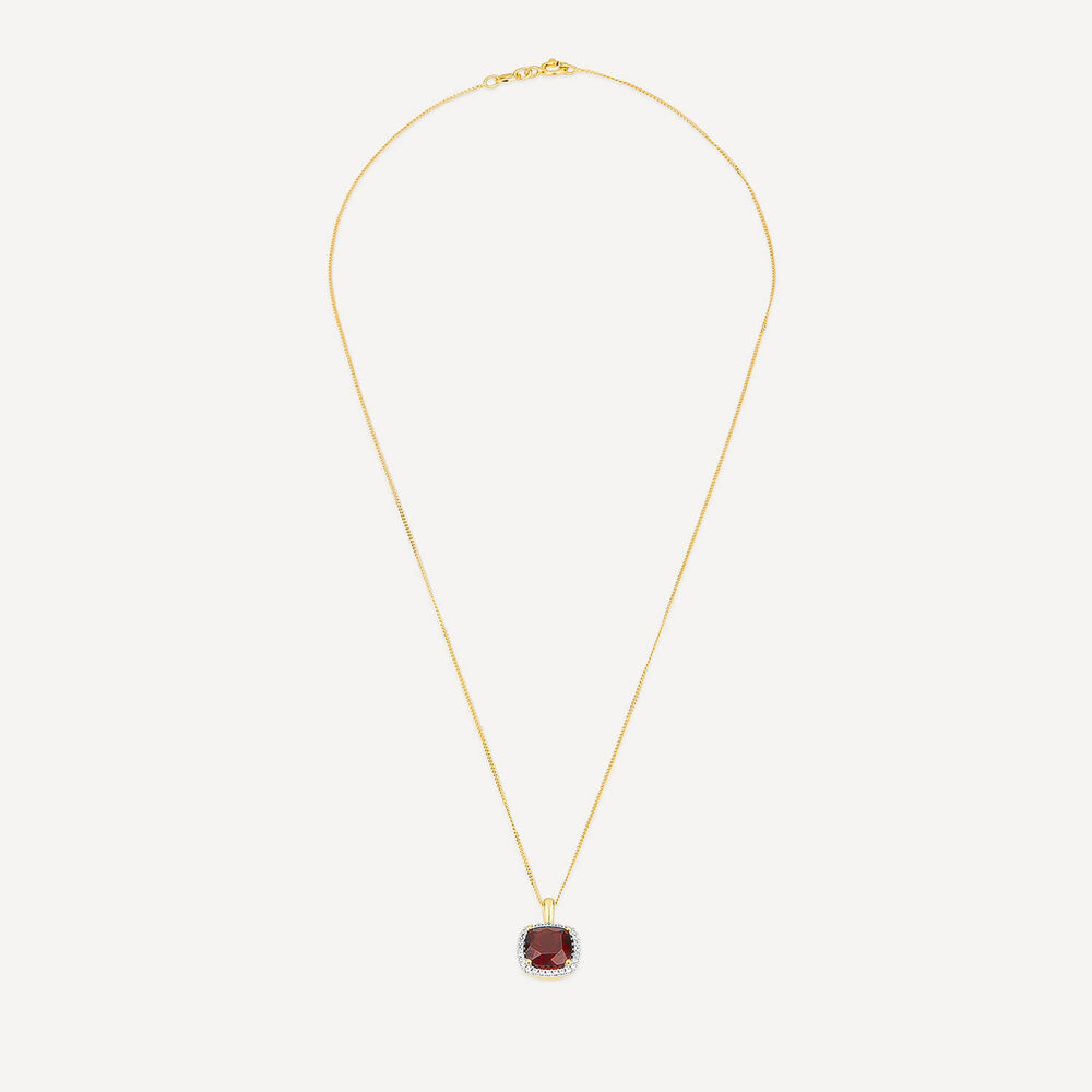 9ct Yellow Gold Cushion Garnet & 0.15ct Diamond Pendant image number 2