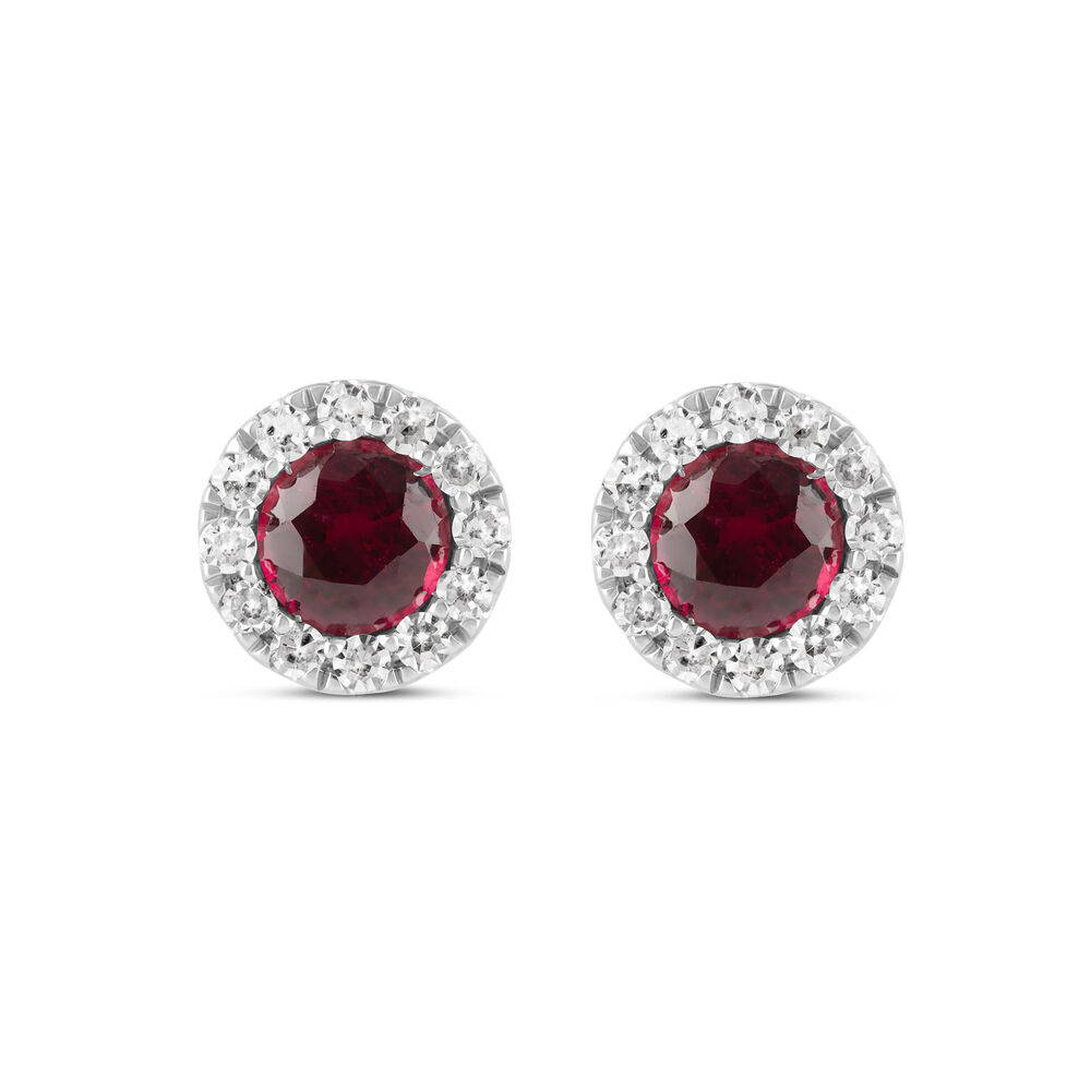 9ct White Gold Ruby and 0.16ct Diamond Halo Earrings