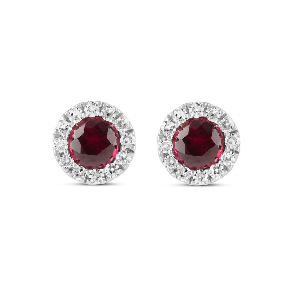 9ct White Gold Ruby and 0.16ct Diamond Halo Earrings image number 0