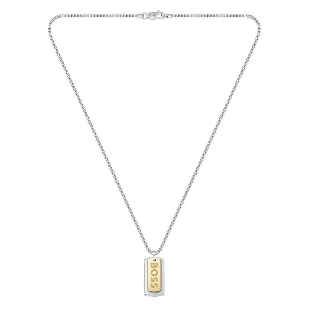 BOSS Devon Branded Double Tag Pendant Box Chain Steel Necklace image number 0