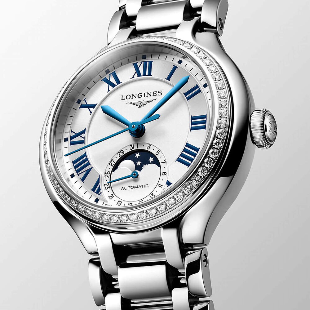 Longines Elegance Primaluna 34mm Moonphase Silver Dial Diamond Bezel Steel Bracelet Watch image number 2