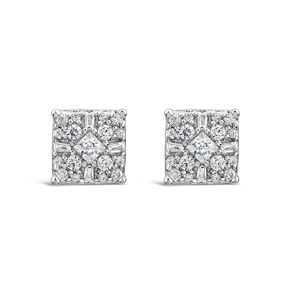 9ct White Gold 0.50ct Cluster Baguette & Round Diamond Square Shaped Stud Earrings image number 0