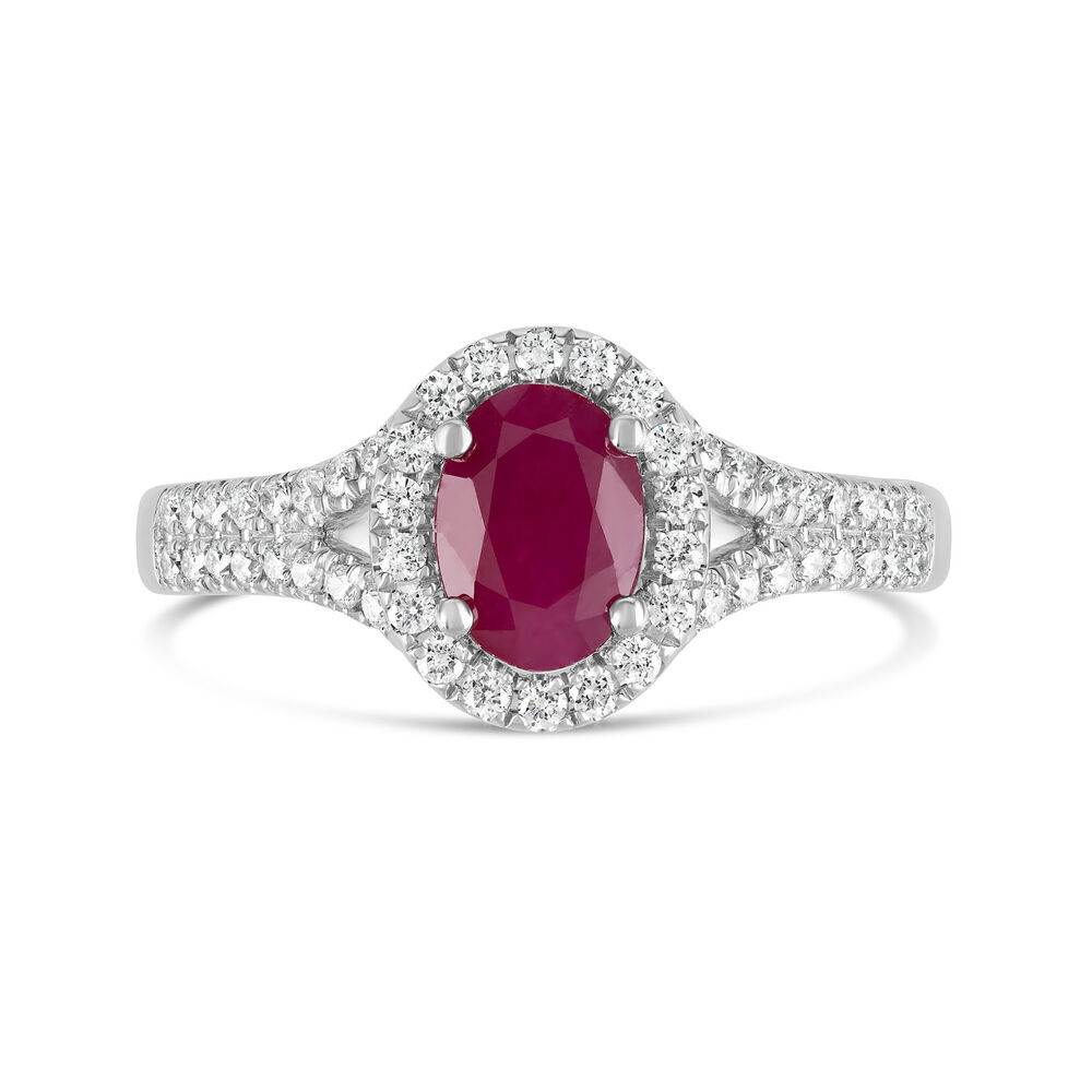 18ct White Gold Ruby and 0.33ct Diamond Split Shoulder Ring