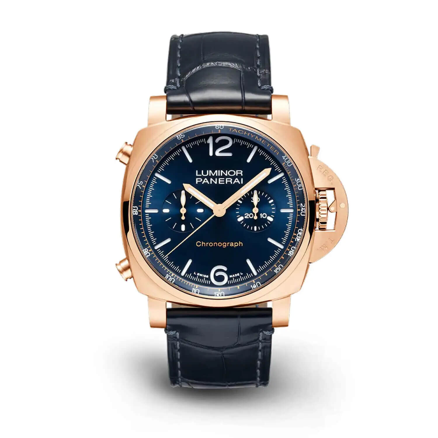 Panerai Luminor 44mm Chrono Goldtech Blu Notte Blue Dial Strap Watch
