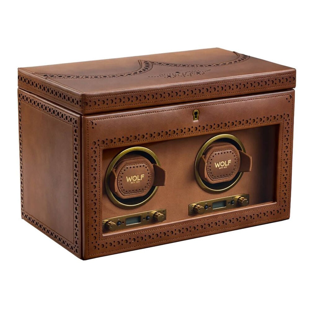WOLF Brogue Burnished Brown Double Watch Winder With Storage