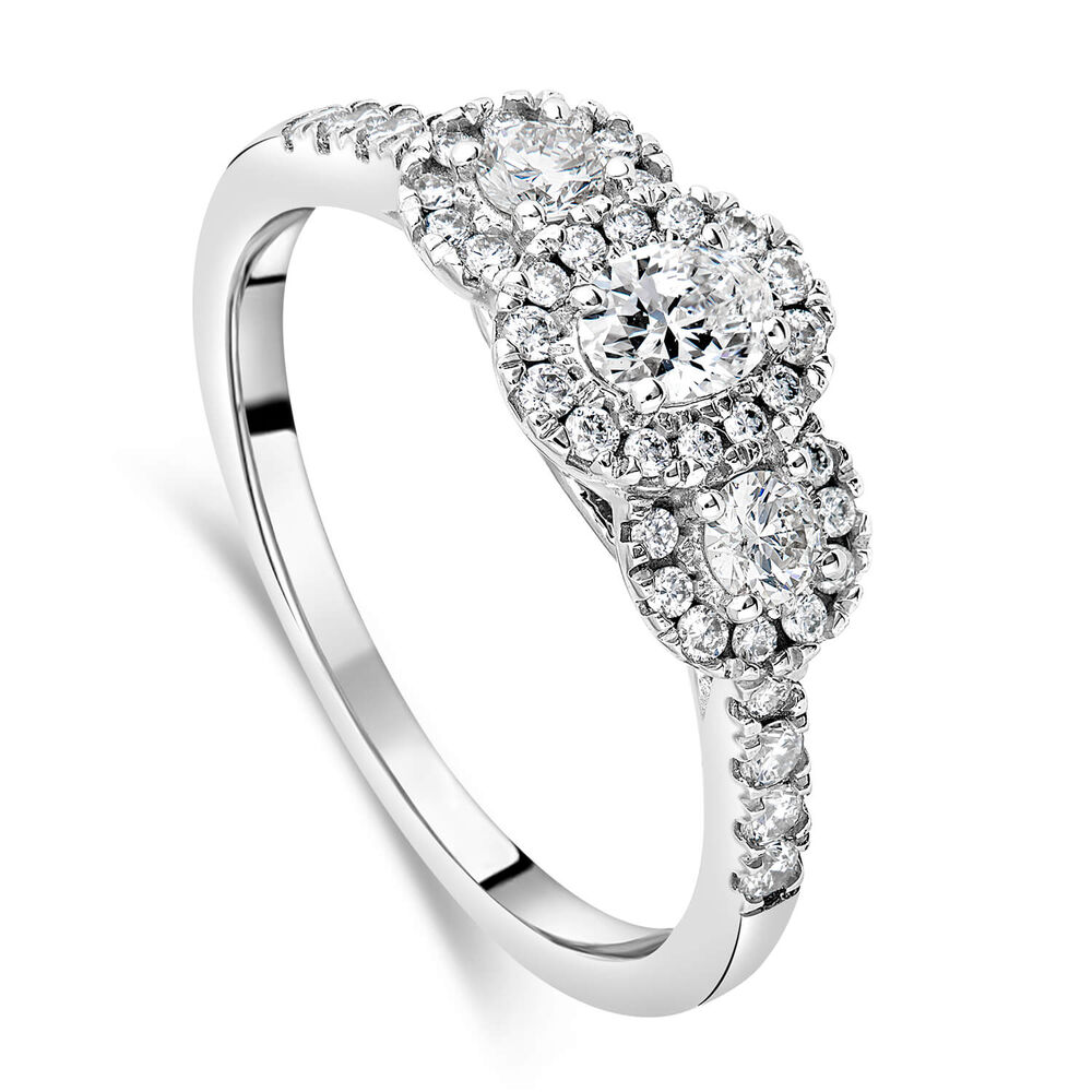 18ct White Gold Three Stone Graduated Halo Stone Set Shoulders 0.63ct Ring image number 0