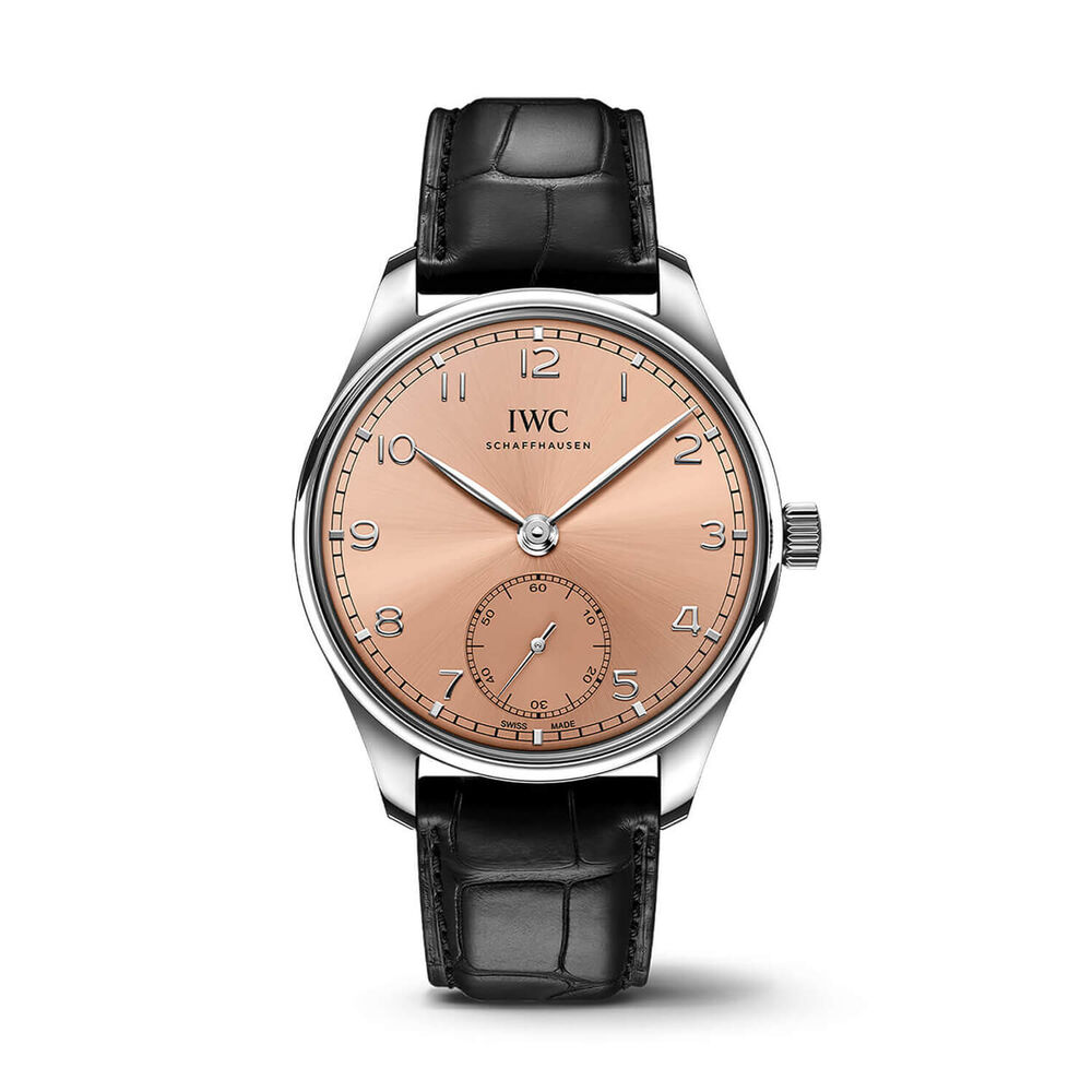 IWC Schaffhausen Portugieser Automatic 40mm Salmon Dial Black Leather Strap Watch image number 0
