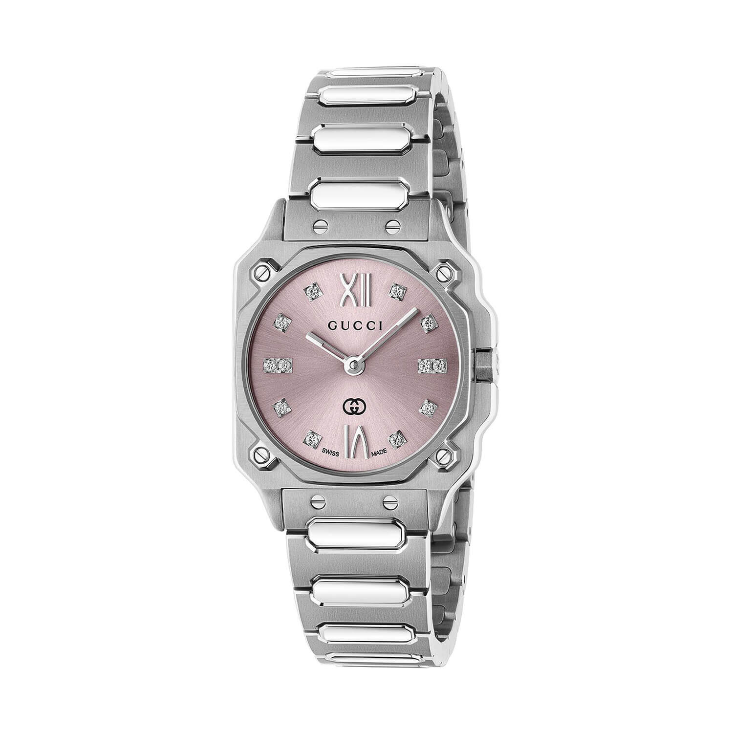 Gucci G-Flat 24mm Pink Dial Diamond Steel Bracelet Watch