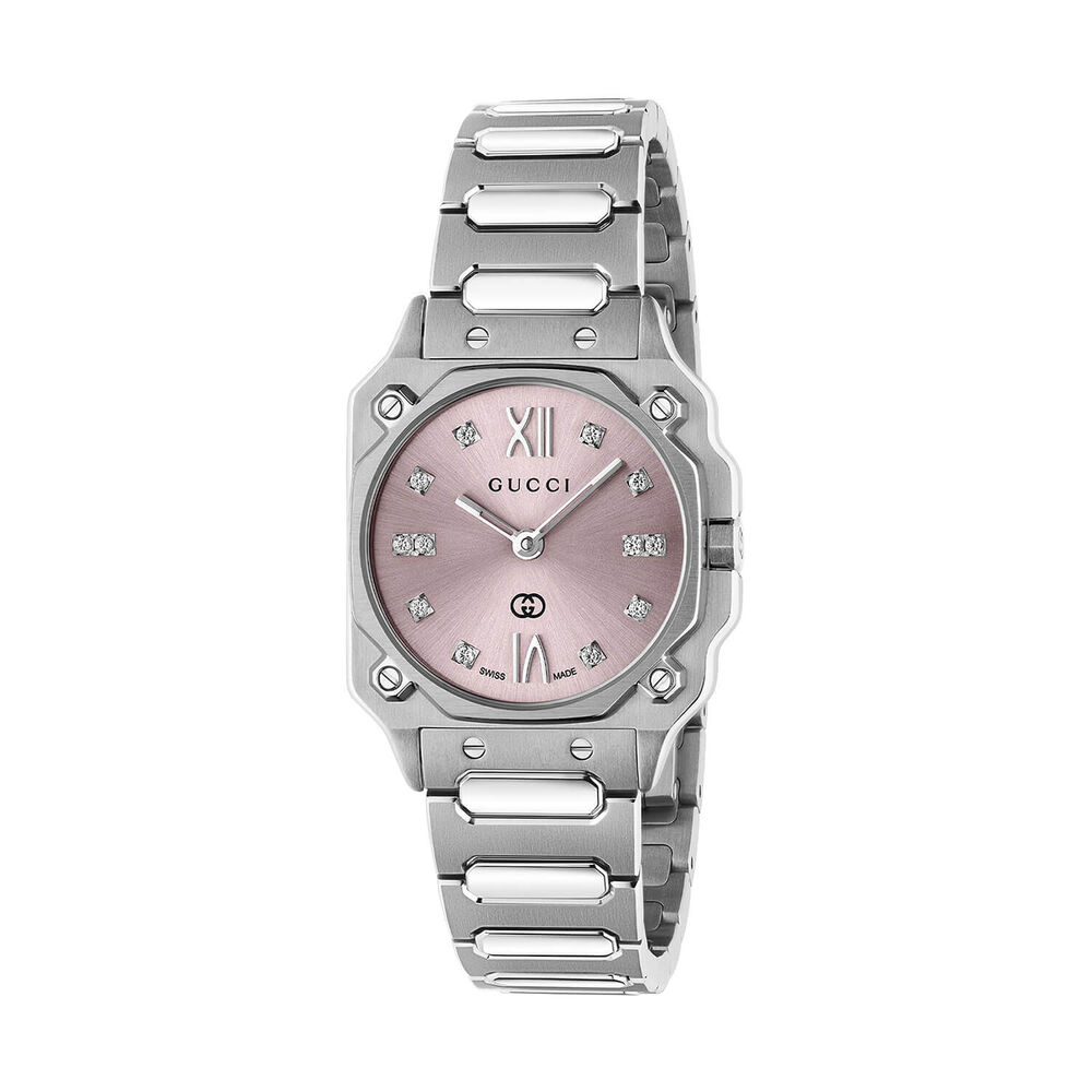 Gucci G-Flat 24mm Pink Dial Diamond Dots Stainless Steel Bracelet Watch