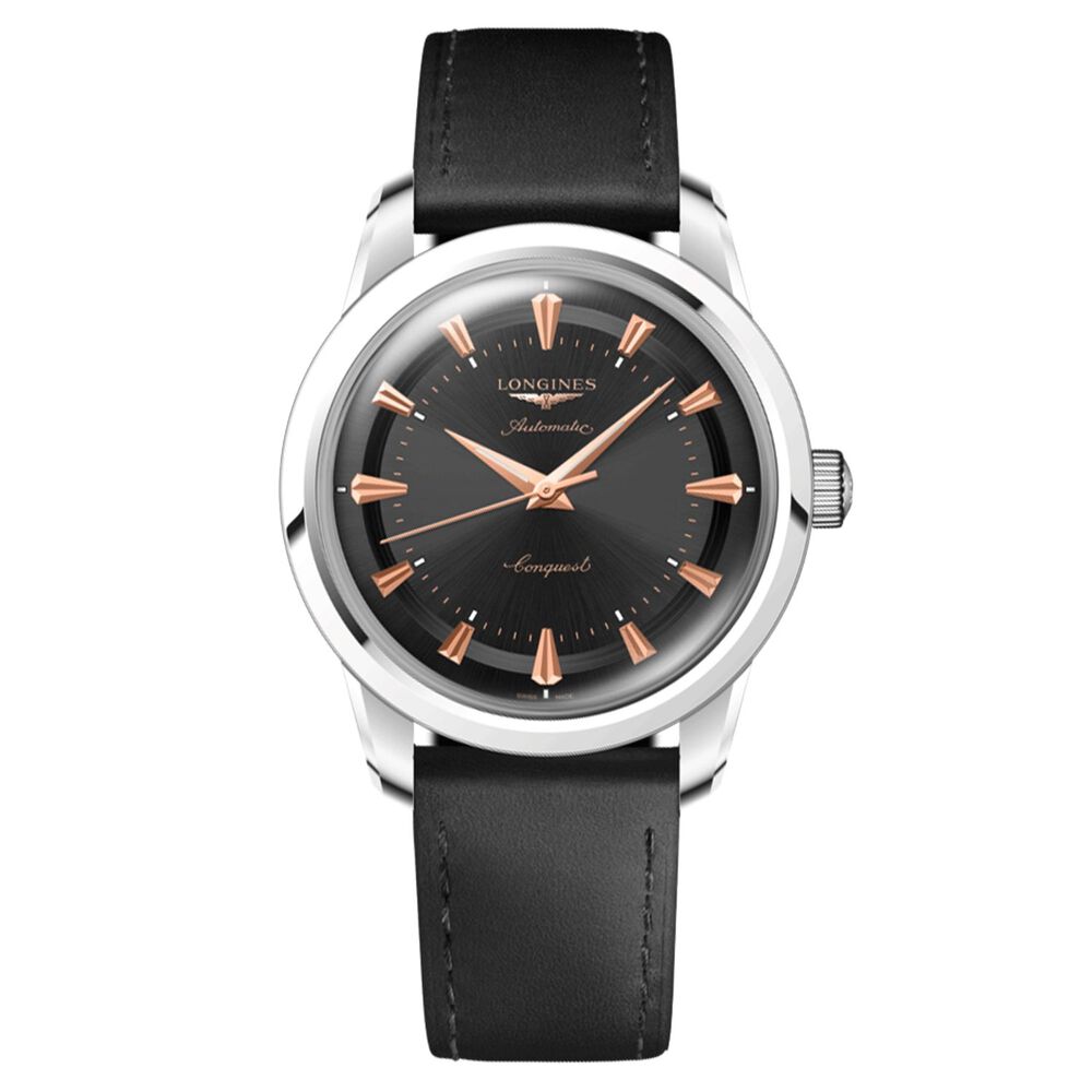 Longines Conquest Heritage 38mm Black Dial Black Leather Strap Watch image number 0
