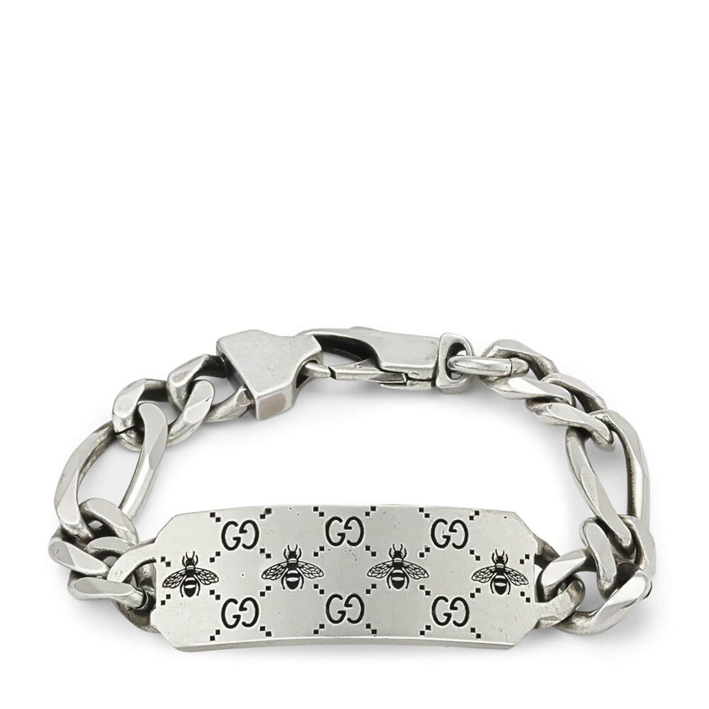 Gucci Signature Silver Interlocking Bee-Motif Tag Bracelet  (Size 8.3")